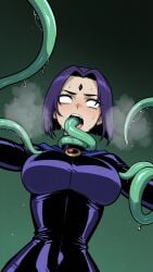 ai_art ai_assisted ai_generated ass big_breasts black_hair bodysuit breasts curvy empty_eyes female goth hell nude oral_penetration pale_skin purple_eyes purple_hair raven raven_(dc) short_hair superhero sweat teen_titans tentacle voluptuous voluptuous_female