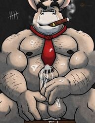 almasy balls belly biceps big_balls chubby cigar cum donkey equine hairy looking_at_viewer male male_only mammal masturbation muscles necktie pecs penis smoking solo thick_penis uncut