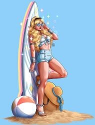 1girls alison_blaire artist_signature beach_ball blonde_hair busty cleavage dazzler eye_makeup heart_sunglasses high_heels light-skinned_female light_skin marvel marvel_comics mutant padawan_carol red_lipstick sabrina_carpenter short_shorts shorts sparkles sunglasses superheroine surfboard tied_shirt x-men