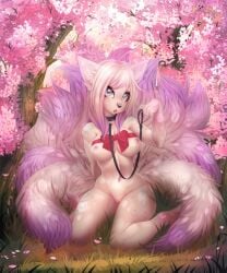 animal_ears blue_eyes breasts cherry_blossoms day female flower grass heterochromia lips long_hair looking_at_viewer medium_breasts multiple_girls multiple_tails navel nipples nude on_grass on_ground outdoors petals pink_hair pussy ribbon sitting solo tail tree very_long_hair