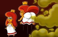 1girls big_breasts biggypiggy black_background blush breasts bubble_butt crown fart fart_cloud fart_fetish farting leaning_forward mario_(series) nes_peach nintendo princess_peach princess_peach_sprite_redraw_(meme) red_hair simple_background super_mario_bros. super_mario_bros._(nes)
