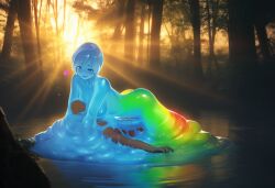 1boy 1girls absurd_res ai_generated colored_extremities colored_inner_hair covered_in_goo covered_in_slime female forest forest_background forest_sex glistening glistening_body happy_sex high_detail high_quality highres lake long_hair male novelai pink_eyes rainbow_slime slim_waist slime slime_girl smile sunset transparent_body