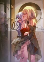 2girls absurdres bang_dream! bang_dream!_it's_mygo!!!!! bathroom black_dress black_gloves black_shorts black_skirt blonde_hair blue_hair blush bra chinese_commentary clothing_cutout commentary_request doloris_(bang_dream!) dress eye_contact fingering french_kiss gloves hand_in_another's_hair highres kissing long_hair looking_at_another medium_hair mirror misumi_uika multiple_girls oblivionis_(bang_dream!) purple_eyes red_bra red_shirt reflection shannon_natural shirt shorts shoulder_cutout skirt togawa_sakiko two_side_up underwear yellow_eyes yuri