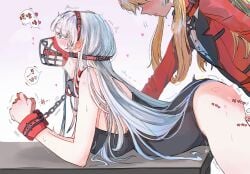 ball_gag blonde_hair blue_eyes collar dogbrooo fingering gag highres jacket kakegurui leotard long_hair momobami_ririka muzzle_(mask) red_collar red_jacket red_wrist_cuffs saotome_mary simple_background strapless strapless_leotard sweat white_background white_hair wrist_cuffs yuri