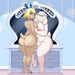 1:1 anthro antlers barefoot bedroom_eyes boss_monster_(undertale) bovid breast_to_breast caprine carol_holiday completely_nude completely_nude_female deer deltarune deltarune_chapter_4 dresser duo eyeshadow eyewear female female/female female_only full_body furniture genitals glasses goat heart_(marking) hi_res hooves horn lipstick lonbluewolf looking_at_viewer makeup mammal markings monster naked naked_female narrowed_eyes new_world_deer nipples nude nude_female paws pussy reindeer seductive snowflake_pattern toriel undertale undertale_(series) vulva
