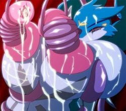 1boy bukkake cum cum_on_body cum_on_upper_body ejaculation facial heart leotard multiple_girls penis shiny shiny_skin standing straight tentacle white_gloves