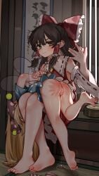 2girls absurdres american_flag_dress ass barefoot blonde_hair bow brown_eyes cleft_of_venus clownpiece detached_sleeves fairy_wings feet hair_tubes hairbow hakurei_reimu hat highres jester_cap kourou_(kouroukun) long_hair multiple_girls polka_dot pussy reimu_hakurei soles spanked spanking toes touhou uncensored wide_sleeves wings