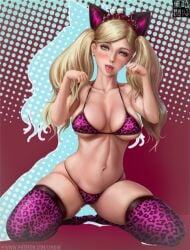 animal_ears animal_print bikini blonde_hair blue_eyes blush breasts cat_ears cleavage earrings fake_animal_ears female hair_ornament halftone halftone_background jewelry large_breasts leopard_print long_hair looking_at_viewer navel paw_pose polka_dot polka_dot_background polka_dot_bikini polka_dot_bra polka_dot_legwear polka_dot_panties skindentation solo spread_legs swimsuit takamaki_anne thighhighs tongue tongue_out twintails unmoving_pattern watermark web_address