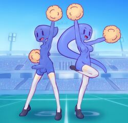 2girls blue_hair blue_skin blue_sky breasts jack-o'-lantern long_hair monster_girl multiple_girls navel nipples nude outdoors ponytail shoes sky slime_girl smile standing thighhighs white_legwear