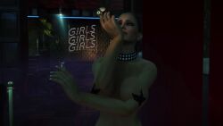 3d big_breasts black_hair breasts brown_skin cigarette collar collarbone edit elizabeth_bodling fake_breasts fake_tits female hitman hitman_absolution io-interactive screenshot screenshot_edit smoking star_pasties strip_club stripper video_games