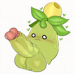 1:1 ai_generated anthro balls big_balls big_penis blush bodily_fluids elemental_creature erection feral flora_fauna generation_9_pokemon genitals green_body heart hellsonger hi_res huge_balls huge_cock humanoid_genitalia humanoid_penis hyper hyper_genitalia hyper_penis male nintendo not_furry penis plant pokemon pokemon_(species) simple_background smoliv solo sweat vein veiny_penis white_background