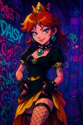 1girls ai_generated female fishnet_stockings fishnets mario_(series) nintendo princess_daisy punk punk_girl stockings