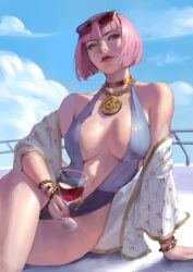 1girls bikini blue_eyes bob_cut breasts cleavage crossed_legs large_breasts manon_legrand phamoz pink_hair short_hair sitting smile solo street_fighter street_fighter_6 zomayuan