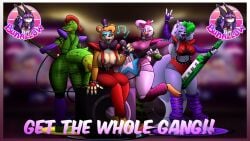 2025 2d 2d_(artwork) 2d_artwork alligator alligator_tail alligatorid_humanoid animatronic animatronic_female artist_logo artist_name beak beanontoast bear bear_ears bear_girl big_breasts blue_lipstick breasts five_nights_at_freddy's five_nights_at_freddy's:_security_breach glamrock_chica_(fnaf) glamrock_freddy_(fnaf) green_body green_hair grey_fur grey_hair mohawk montgomery_gator_(fnaf) purple_earrings purple_eyeshadow purple_lipstick red_eyes red_hair robot robot_girl roxanne_wolf_(fnaf) rule_63 sunglasses thick_thighs white_feathers wolf wolf_ears wolf_girl wolf_tail yellow_eyes