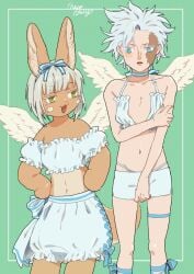 2others alternate_costume ambiguous_gender androgynous angel_wings anthro belaf bloomers blue_eyes burn_scar covering_crotch covering_self facial_scar flat_chest garter green_eyes hair_ribbon lingerie made_in_abyss nanachi necojelly rabbit_ears rabbit_humanoid short_hair tan_fur white_hair wings