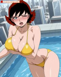 2025 ai_generated aindroidparanoid belly black_eyebrows blue_eyes_female breasts embarrassed_female female injured instagram looking_at_viewer marvel marvel_comics meta open_mouth pain pink_cheeks red_hair_female rooftop_pool touching_boobs touching_breasts tummy wasp_(earth's_mightiest_heroes) wasp_(marvel) wet_bikini wet_body wet_skin winking_at_viewer yellow_bikini