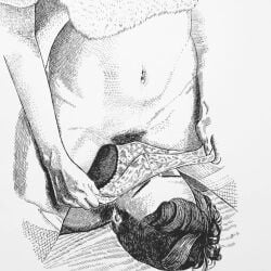 1boy chernyart commentary crosshatching english_commentary female female_pubic_hair fishnet_thighhighs fishnets greyscale hatching_(texture) monochrome navel original panties panty_pull pubic_hair pulling_own_clothes sitting_on_face straight thighhighs underwear