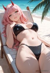 2025 ai_generated bangs beach beach_chair bikini black_bikini breasts breasts_apart chair darling_in_the_franxx day eyeshadow female female female_focus green_eyes hairband horns large_breasts long_hair looking_at_viewer lying makeup navel nsfw ocean on_back outdoors parted_lips pink_hair red_horns rognezart sand smile solo stomach swimsuit thighs water wet white_hairband zero_two_(darling_in_the_franxx)