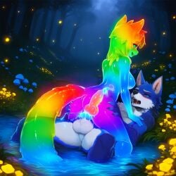 1boy 1girls absurd_res ai_generated anthro balls canid canine canine_penis canis colored_extremities colored_inner_hair cum cum_in_pussy cum_inside female forest forest_background forest_sex furry glistening_body glitter glittering_hair glowing_markings glowing_mushroom happy_sex heart_shaped_tattoo hi_res high_detail highres knot knotting lake long_hair male male/female multi_knot mushroom novelai ocean penetration pink_eyes rainbow_slime sex slim_waist slime slime_girl smile transparent_body werewolf wolf