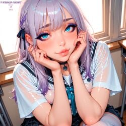 1boy 1femboy ai_generated bangs blue_eyes blush breasts dynamic_angle eyelashes eyeliner femboy feminine hands_on_face high_school high_school_student hips ilya_(persyarts) kawaii lavander_hair legs light_skin long_hair makeup male nipples oc original original_character patreon patreon_link patreon_logo patreon_url patreon_username persyarts petite petite_body petite_boy pink_lipstick school_uniform see-through see-through_clothing shy sissy skinny small small_breasts stable_diffusion student submissive submissive_femboy sweat sweatdrop sweating