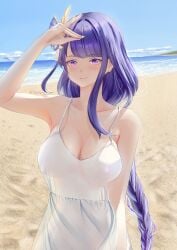 1girls absurd_res absurdres adult adult_female areola_bulge arm_above_head arm_behind_back arm_up armpit armpit_crease armpit_peek armpits beach big_breasts blue_sky blush blush_face blush_lines blushed_face blushing_at_viewer blushing_face blushing_female braid braided_hair braided_ponytail breasts busty busty_female busty_girl cleavage closed_mouth_smile clouds coast collarbone day daytime dot_nose dress elbows eyebrows_visible_through_hair fair_skin female female_focus female_only fingernails fingers genshin_impact hair_ornament hair_ornaments hairless_armpits hand_above_head hand_behind_back hand_up high_resolution highres horizon hourglass_figure large_breasts lean_body lean_figure light-skined_female light-skinned light-skinned_female light_skin light_skin_female light_skinned light_skinned_female lips long_hair looking_at_viewer mature mature_female narrow_waist nipple_bulge ocean outdoor outdoors outfit outside ponytail purple_eyebrows purple_eyes purple_eyes_female purple_hair purple_hair_female raiden_shogun rosumerii sand sea seaside shaved_armpits shoulders sky slender_body slender_waist slim_girl slim_waist smile smiley_face smiling_at_viewer smirk smooth_armpits smooth_skin solo standing thin_waist topwear translucent_dress translucent_outfit translucent_topwear upper_body very_long_hair white_dress white_outfit white_topwear wide_hips