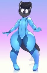 2024 absurd_res acstlu andromorph anthro canid canine cuntboy curvy_figure edit fox fur grey_body grey_fur hi_res intersex mammal metroid nintendo phurcy pompadour purple_eyes rule_63 solo surprise thick_thighs voluptuous wide_hips zero_suit