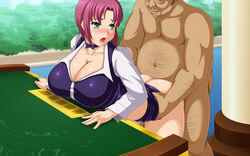 ass bent_over blush breasts cleavage fat_man green_eyes huge_breasts purple_hair rio_rollins sex super_blackjack tomite