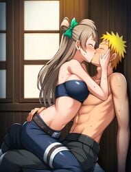 1boy1girl abs ai_generated anime attractive beautiful beautiful_females blonde_hair blush breasts cabin couple couple_(romantic) crossover crossover_shipping gray_hair hair_ribbon hands_on_cheeks idol jnbu kissing love love_live! love_live!_school_idol_project midriff minami_kotori naruto naruto_shippuden ninja novelai passionate_kiss ribbon sexy spiky_hair straddling straight sweat topless topless_male uzumaki_naruto wood