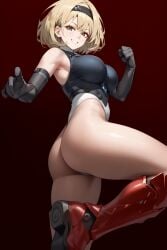 ai_generated ass ass_focus bare_shoulders blonde_hair boots breasts brown_eyes elbow_gloves female from_behind gloves goddess_of_victory:_nikke large_breasts leotard looking_at_viewer looking_back red_shoes_(nikke) short_hair sideboob smile solo thick_thighs thigh_boots thong thong_leotard