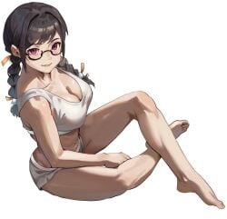 ass barefoot black_hair bra braid breasts calvin_klein cleavage commentary english_commentary feet female firstdayiyui full_body glasses hanekawa_tsubasa highres large_breasts long_hair monogatari_(series) simple_background solo toes twin_braids underwear white_background white_bra