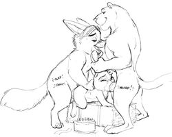 2018 adam_wan age_difference anthro ass black_and_white bonnie_hopps cake camera canine closed_eyes clothed clothing disney domination ear_grab ears_down fellatio female flat_chest food fox from_behind_position gideon_grey group group_sex hat interspecies lagomorph larger_male lying male male_domination mammal mature_female monochrome nude on_front onomatopoeia oral oral_penetration penetration penis predator/prey rabbit recording sex simple_background size_difference sketch smaller_female smile sound_effects spitroast straight threesome vaginal_penetration white_background zootopia