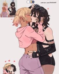 2girls black_hair blonde_hair couple crop_top dashi_art female female_only fishnet_legwear fishnets girlfriends goth goth_girl kissing midriff moon oc original original_character romantic sun tan_body tan_skin yuri