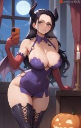 ai_generated bigzbig black_hair blue_eyes candle color colored demon_horns demon_wings earrings gloves halloween halloween_costume high_heel_boots horns indoors large_breasts long_hair nico_robin night one_piece patreon_username phone pumpkin selfie skirt taking_picture watermark