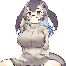 :q anchor_hair_ornament animal_ears bangs black_hair blue_eyes blue_hair blue_whale_(kemono_friends) blush breasts cetacean_tail clothing crusaderkun5 eyewear female female fish_tail glasses grey_hair hair_between_eyes hair_ornament kemono_friends large_breasts licking_lips long_hair long_sleeves looking_at_viewer multicolored_hair ribbed_sweater semi-rimless_eyewear sitting smile solo spread_legs sweater sweater_dress tail tongue tongue_out turtleneck turtleneck_sweater under-rim_eyewear