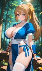 ai_generated cleavage cosplay crossover dead_or_alive female forest game_freak grey_eyes honey_blonde_hair kasumi_(doa) kasumi_(doa)_(cosplay) koei_tecmo large_breasts long_hair nature nintendo no_bra no_panties no_underwear pixai pokemon pokemon_xy revealing_clothes serena_(pokemon) serena_(pokemon_games) silf smile solo tagme tecmo thighhighs