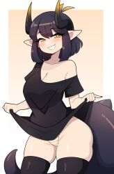 1girls amber_eyes black_hair black_thighhighs blush clothes_lift commission female female_only hi_res horns j5daigada looking_at_viewer medium_hair narrowed_eyes panties pointy_ears smiling smiling_at_viewer solo t-shirt tail teeth_showing thick_thighs thighhighs