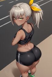 1girls ai_generated annoyed ass asymmetrical_bangs bangs black_shorts black_tank_top blush crossed_arms curvy dark-skinned_female dark_skin dolphin_shorts from_behind girls'_frontline green_eyes grey_hair hair_ribbon huge_ass klin_(girls'_frontline) looking_at_viewer medium_hair midriff outdoors ponytail ribbon self_upload shorts sneakers tank_top thick_thighs thighs wide_hips yellow_ribbon yukiguni_yuu_(style)