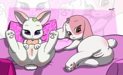 2girls :3 anus ass bed bedroom_eyes blush brown_eyes chest_tuft chima clitoris clover cute duo ebvert eyebrows eyelashes female female_only fur furry furry_only happy_happy_clover heart hi_res lagomorph long_ears looking_at_viewer looking_back lying mallow mallow_(hhc) mammal meru on_side pawpads paws pillow pink_fur pink_nose presenting presenting_anus presenting_hindquarters presenting_pussy purple_eyes pussy rabbit short_tail smile spread_legs spreading tail tuft white_fur