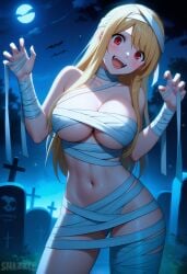 1girls :d ai_generated bare_shoulders bat_(animal) blonde_hair blush breasts claw_pose cleavage crazy_eyes cross fairy_tail fangs full_moon graveyard halloween halloween_costume halloween_theme hands_up head_tilt large_breasts long_hair looking_at_viewer lucy_heartfilia mummy mummy_costume mummy_girl mummy_wrappings naked_bandage navel night open_mouth outdoors red_eyes revealing_clothes sarashi sidelocks smile snazzdaz snazzle solo solo_focus stable_diffusion standing stomach teeth tombstone watermark zombie_pose