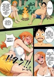 big_ass big_breasts blush comic comic_page curvy_body curvy_female curvy_figure female hourglass_figure huge_breasts legs male monkey_d_luffy muscular_male nami one_piece orange_hair rodorodo610 scar scar_on_chest sweat sweatdrop tattoo text thick_thigh transparent_clothing voluptuous voluptuous_female wet_clothes wide_hips