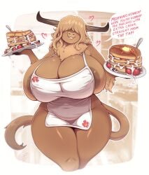 1girls 2024 anthro apron apron_only areola artist_name big_breasts bovid bovine breasts brown_areola brown_hair cattle clothing dialogue digital_media_(artwork) english_text female female_only food freya_(wintertopdog) hair hair_over_eyes heart_symbol hi_res holding_food holding_object horns huge_breasts looking_at_viewer mammal neck_tuft nipple_outline pancake secretly_saucy smiling solo speech_bubble tail talking_to_viewer text thick_thighs tuft wide_hips