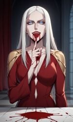 1girls ai_generated bigmic145 blood breasts carmilla_(castlevania) castlevania castlevania_(netflix) cleavage horror lips long_hair medium_breasts red_dress vampire white_hair yandere