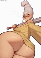 1girls ass asura_(artist) ayase_seiko bat_(object) beauty_mark beauty_mark_on_ass big_ass big_butt big_hair blush blushing cigarette_in_mouth dandadan fat_ass female_only gilf glasses huge_ass huge_butt large_ass large_butt light-skinned_female light_skin milf mole mole_on_ass old_woman older_female partially_clothed shounen_jump sweat sweating sweaty sweaty_butt tagme thick_ass white_background white_hair