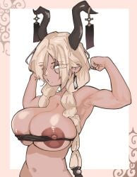 1girls azur_lane biceps big_breasts breasts doodle flexing horns light_brown_skin light_skin muscles owari_(azur_lane) oznel platinum_blonde_hair twintails