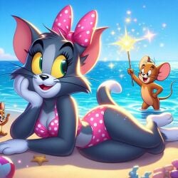 after_transformation ai_generated beach bikini jerry_mouse mtf_transformation polka_dot_bikini rule_63 tom_and_jerry tom_cat