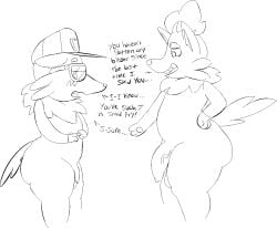 2018 anthro ass balls big_butt big_penis black_and_white blush clothing dialogue digital_media_(artwork) duo english_text eyewear fur generation_5_pokemon genitals gesture glasses hair half-closed_eyes hand_gesture hand_on_hip hand_on_own hat headgear headwear hip humiliation looking_at_genitalia looking_at_penis looking_away male monochrome narrowed_eyes nintendo penis penis_humiliation pointing pointing_at_another pointing_at_penis pokemon pokemon_(species) pose roccorox shy side_view sketch small_penis small_penis_humiliation standing tail teeth text thick_thighs tongue vein veiny_penis zorua