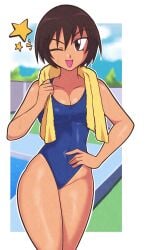 azumanga_daiou blue_swimsuit breasts dark-skinned_female hi_res hip_dips hips jeffmiga kagura_(azumanga_daiou) looking_at_viewer one-piece_swimsuit open_mouth outdoors outside pool school_swimsuit smile star swimsuit tan_body thick_thighs thighs tomboy water wet wide_hips wink