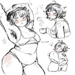 black_hair bra coffee female freckles hairy_armpits original_character plushie sad_sasen socks stretch_marks underwear