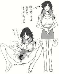 absurdres anus ass bar_censor blush censored female greyscale highres long_hair mattsuu monochrome multicolored_hair multiple_views original skirt smile spread_legs spread_pussy translation_request two-tone_hair