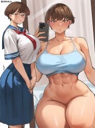 aged_up artist_name big_breasts bottomless cromwellb glasses muscular muscular_female school_uniform schoolgirl selfie wide_hips